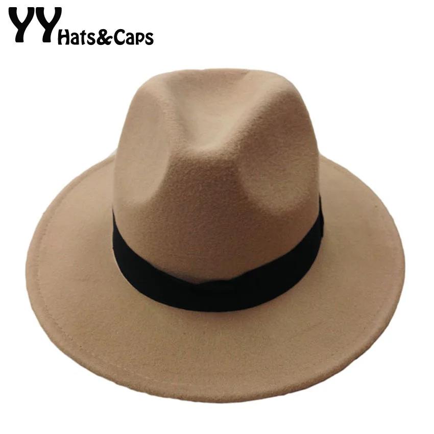 Модные Винтаж шляпа Шапки для Для мужчин Для женщин шерсть фетровых джаз шляпа с широкими полями с черной лентой Панама шапки Fedoras классические YY0400