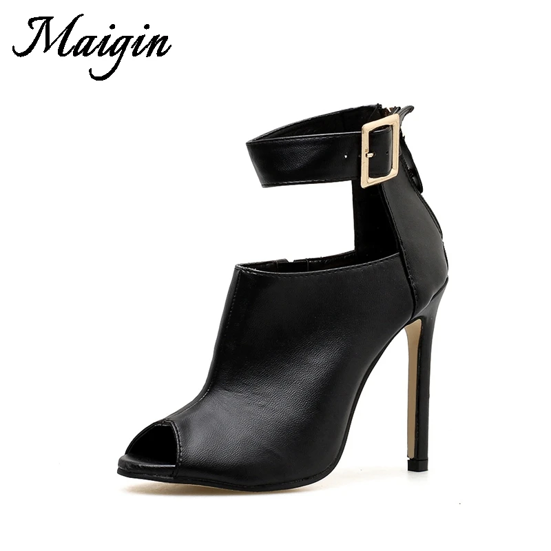 Maigin Black High Heels Women Boots Peep Toe Leather Ladies Sandals 2018 Buckle Strap Footwear Big Size 10 Summer Female Shoes