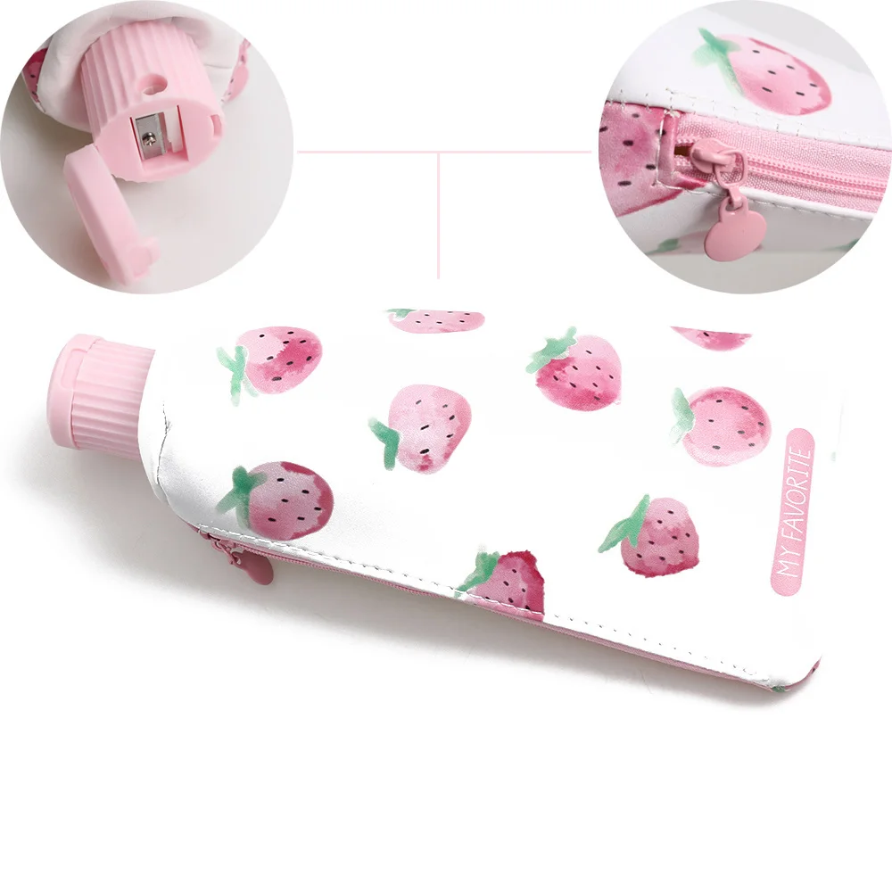 

2018 New Strawberry Toothpaste PU Pencil Case With Pencil Sharpener Pen Pencil Stationery Storage Bag Students School Supplies