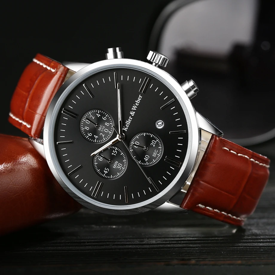 Keller & Weber Mens Watches 30m Waterproof Quartz Business Watches Date Display Genuine Leather Band Relogio Masculino Best Gift (12)