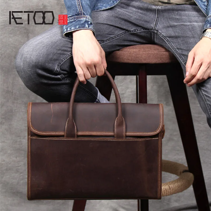 

AETOO Retro casual first layer leather briefcase handmade original leather handbag male shoulder Messenger bag computer bag