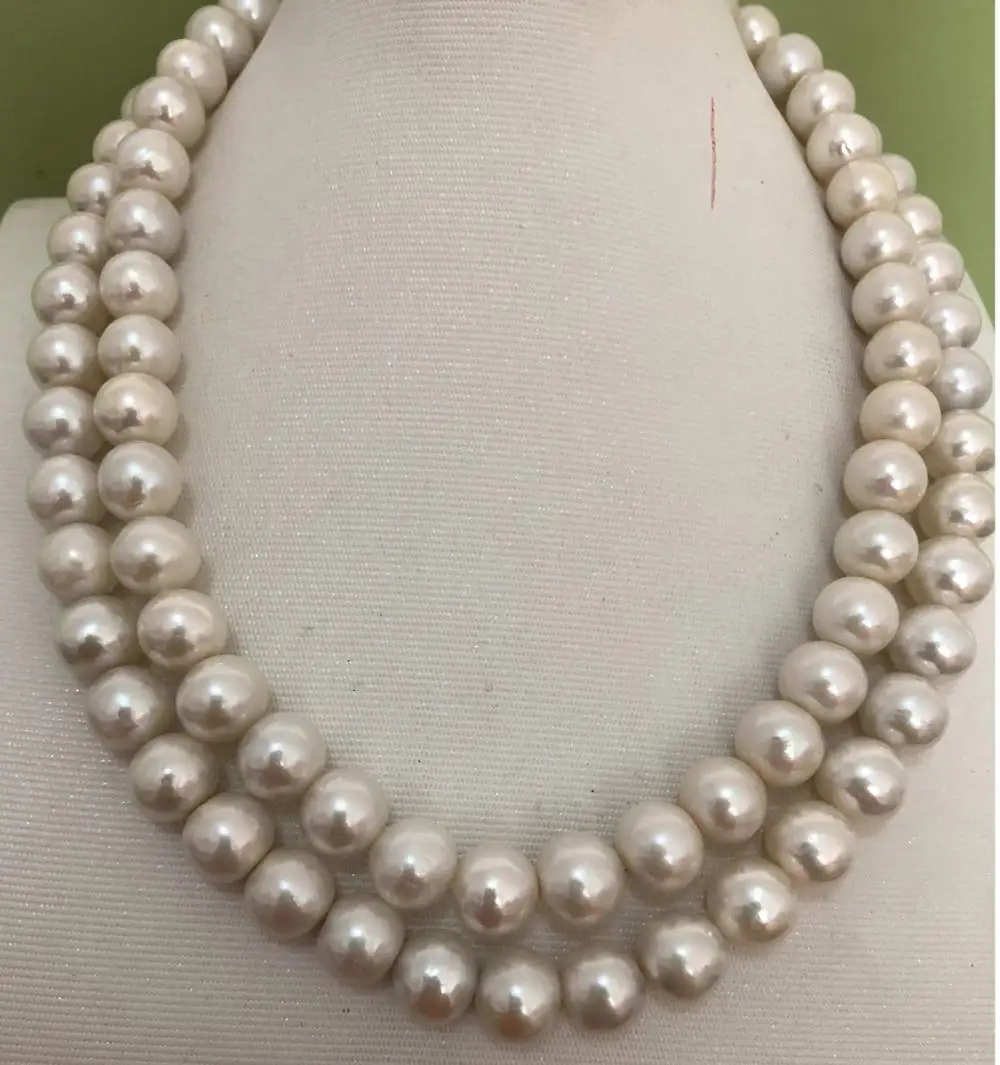 

double strands 11-12mm freshwater round white pearl necklace 18"19"925s
