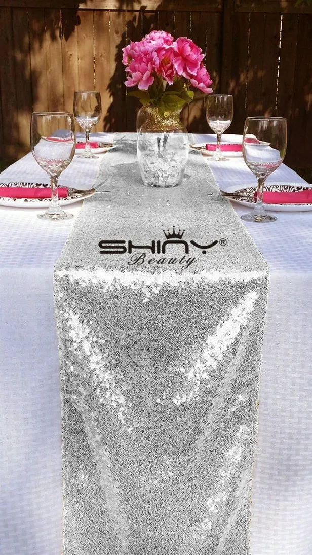 35x275CM Silver Sequin Table Runner, Elegant Silver Sequin Table Runner