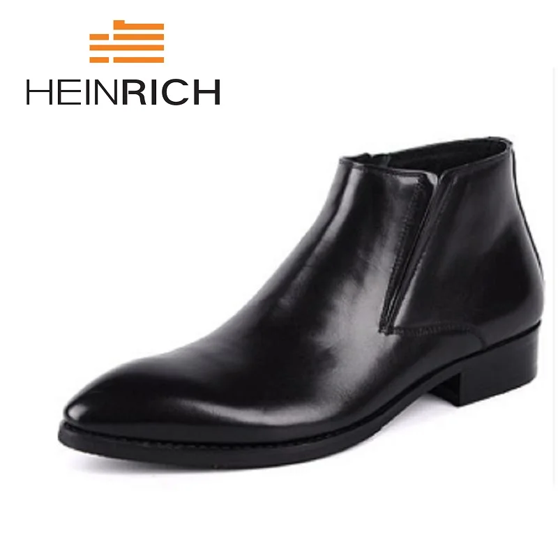 

HEINRICH Autumn Winter Mens Genuine Leather Boots Pointed Toe Zipper Ankle Boots 2018 Height Increase Career Men Chelsea Boots