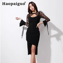 Lace Patchwork Black Spring Dress Women Flare Sleeve Slim Solid Bodycon Bandage Dress Women Midi Wrap Sexy Dress Plus Size lc6181 2 ruched wrap midi dress black free size