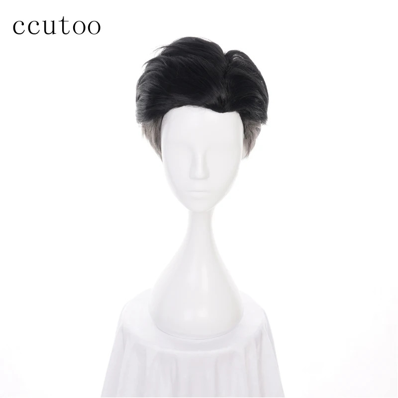 

ccutoo 30cm Men Short Black Grey Mix Synthetic Wig YURI!!! on ICE Otabek ALTIN Slicked-back Cosplay Wig