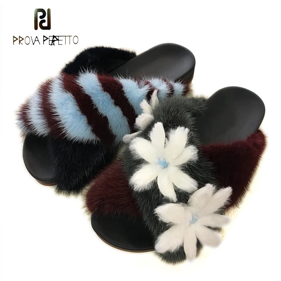 

Prova Perfetto 2018 autumn new mixed color fur slippers fashion appliqued flowers cross strap slides fashion outside wear shoes