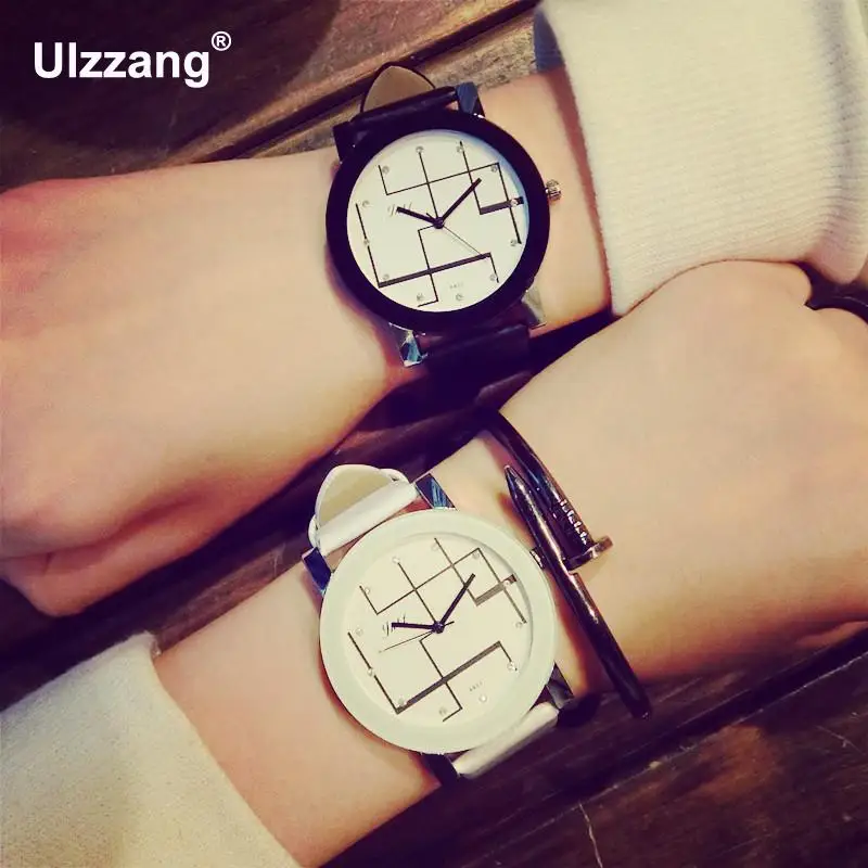 

2018 Fashion Hot Sale Lines PU Leather Shockproof Sport Analog Wrist Watch Wristwatches for Women Men Black White