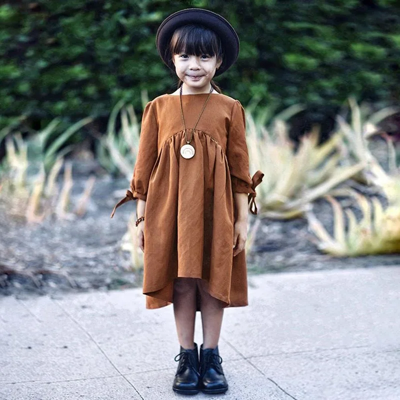 

New summer baby dress with bow sleeves plain Light brown pleated lovely cotton dress Free Shipping DR190019