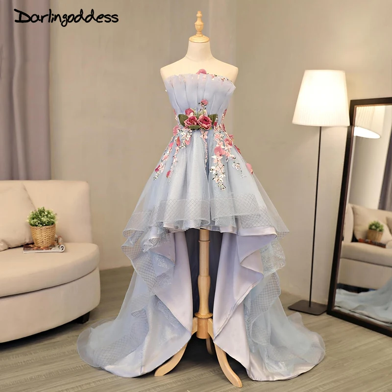 

2017 New Sexy Short Front Long Back Evening Dresses Fashion Grey Flower Women Formal Party Dress Robe De Soiree Darlingoddess