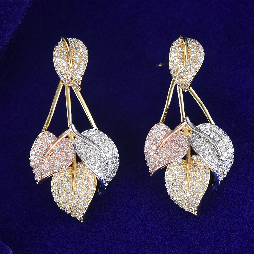 

GODKI 43mm Trendy Luxury 3 Tone Leaf Stud Earrings For Women Wedding Full Micro Cubic Zircon CZ Dubai Bridal Earrings Boho Hot