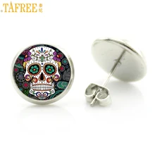 Tafree Suiker Schedel Stud Oorbellen Voor Mannen En Vrouwen Halloween Glas Cabochon Tiny Dag Van De Dode Sieraden Pendientes Hombre d1014(China)