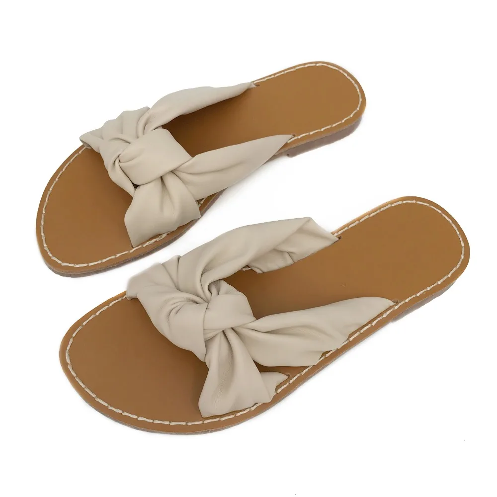 Women Bow Twist Slides Summer Beach Walking Slippers Flat Heel Slip On
