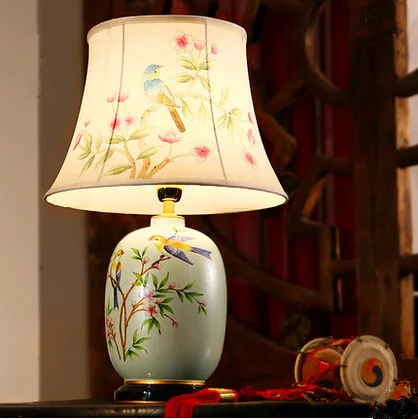 

New chinese style quaint flower bird pattern ceramic art Table Lamps Atmospheric beautiful fabric lamp for bedside&foyer ZLTD018