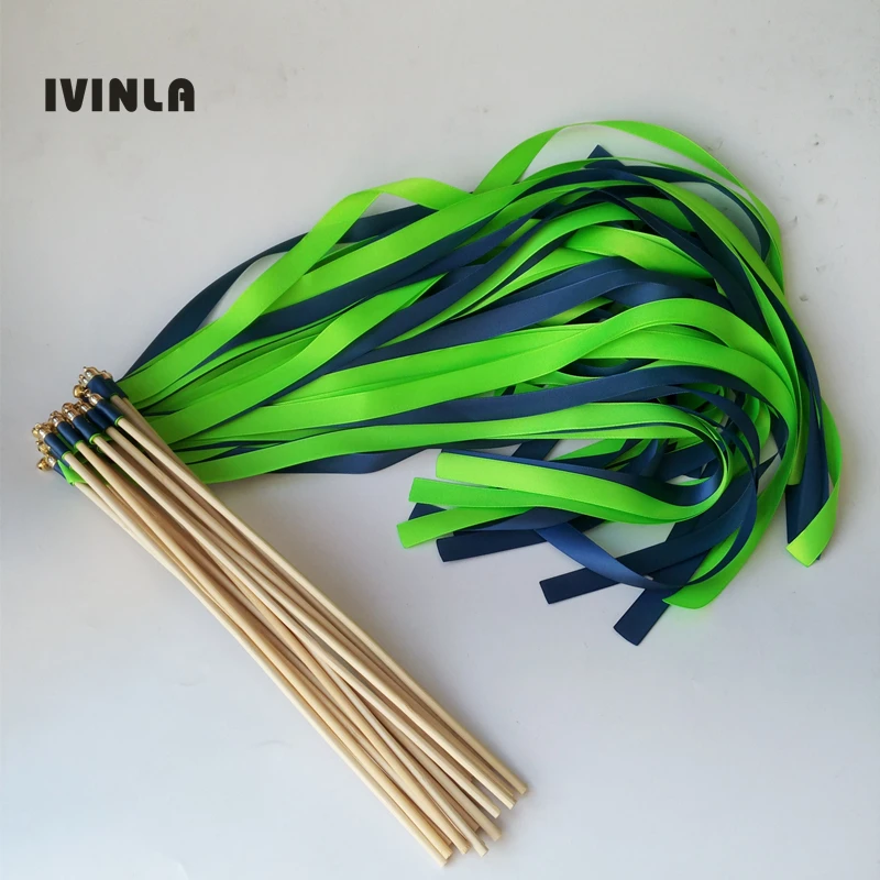 

50Pieces/Lot Style A royal and green ribbon wedding wands with gold bell for wedding party