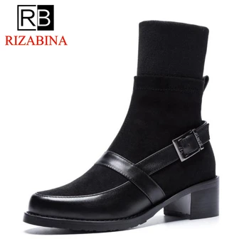 

RizaBina Shoes Woman Women High Heel Boots Real Leather Metal Buckle Mid Calf Boots Women Shoes Ladies Footwear Size 34-39