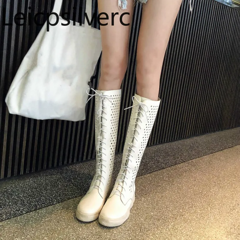 

Spring and autumn The New Solid Round head Hollow Lace-up Low-heeled High tube Women's shoes plus size 29-46