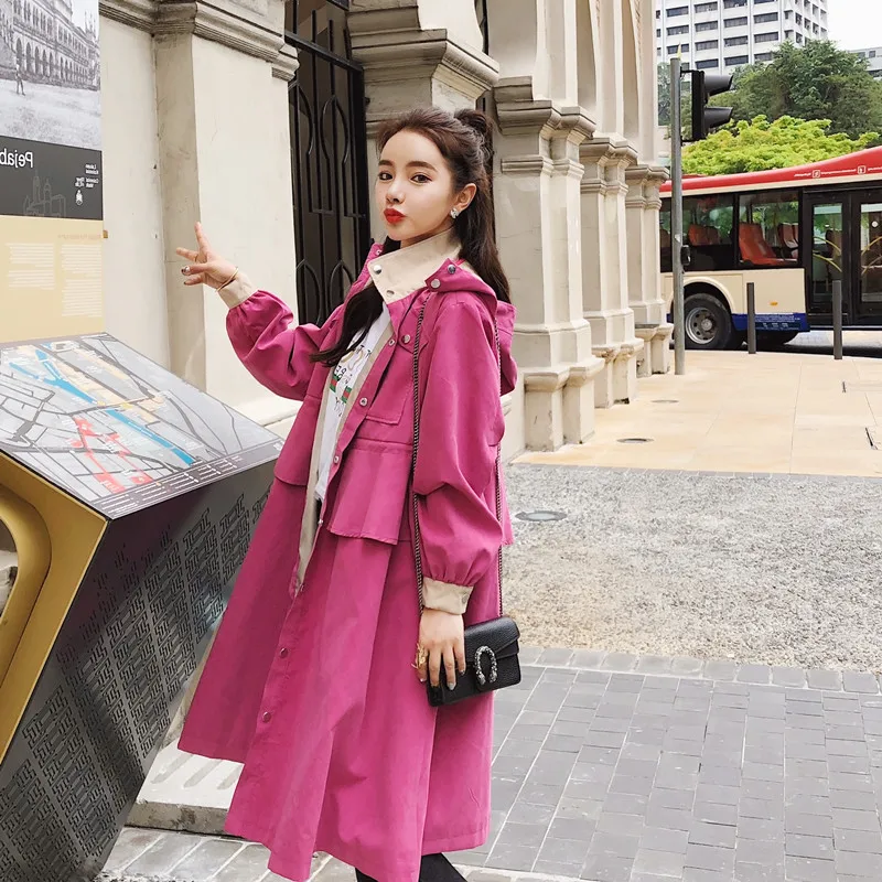 

Women 2018 New Style Hooded Windbreaker Coat Female Long-length Collection Belt Korean Loose Bf Purple Trench