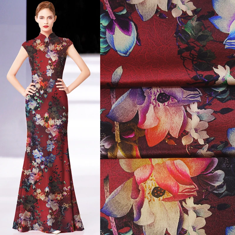 118CM Wide 19MM Floral Print Stretch Red Silk Satin Fabric Good for