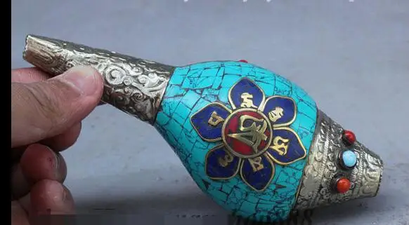 

Pure white Copper Grandpa Good Lucky Handwork Miao Silver Tibet Buddhism Inlay Turquoise Lucky Conch Shell Trumpet Horn room