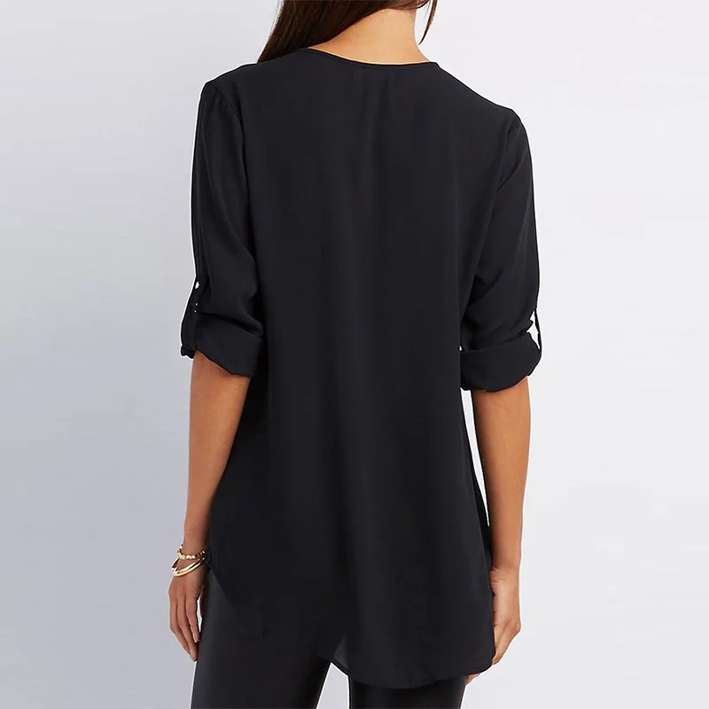 المرأة الصيف الشيفون قميص V الرقبة السترة سستة فضفاض طويل الأكمام عارضة قمم QL بيع