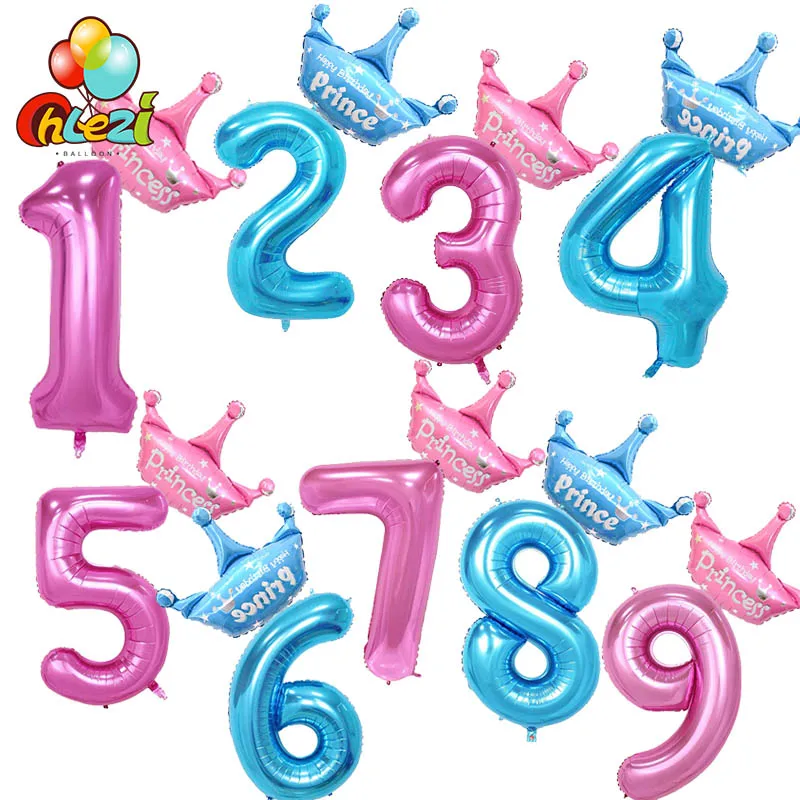 40 дюймов розовый и голубой номер рисунок фольгированные шары+ Принцесса Принц фольгированный шар 1 2 3 года Мальчики Девочки День Рождения Декор Корона шар