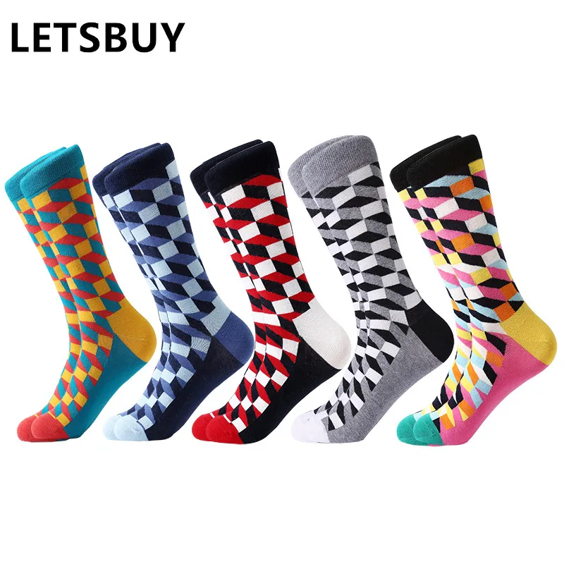 

LETSBUY drop shipping men's colorful argyle combed cotton socks funny multi-color men set socks