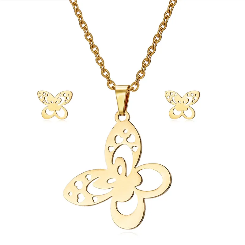 Jewelry Set Animal Butterfly Wedding Jewelry Set Women Gold-Color Jewelry Stainless Steel Necklace Stud Earrings