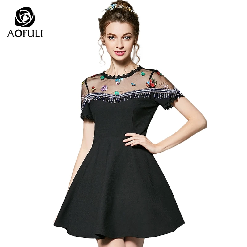 Size-S Ethnic Style Tassel Embroidery Black Dress Brand Sexy Summer See-Through Shoulder Short Sleeve Party Dresses B3879 | Женская