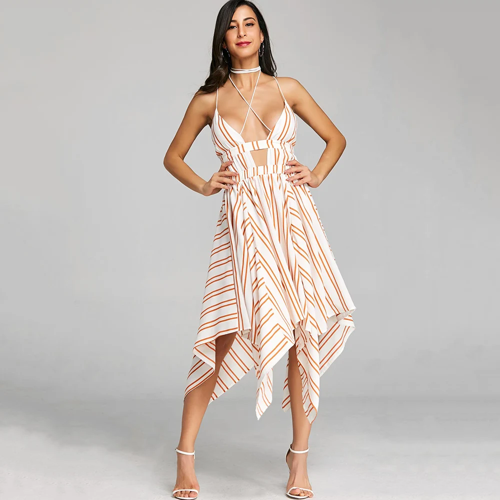  ZAFUL Criss Cross Asymmetric Striped Dress Summer 2018 Handkerchief Strappy Sun Dress Women Backles