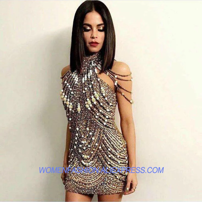 

Golden Beading Sequin Women Sexy Bodycon Dress Turtleneck Night Party Elegant Tunic Mini Dress Winter Prom Robe Vestidos
