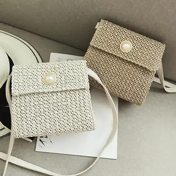 

Hot!!! Women Faux Pearl Square Straw Weave Flap Summer Beach Crossbody Shoulder Bag