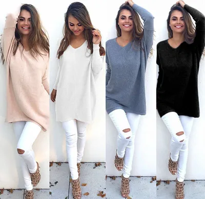 Autumn Batwing Long Sleeve V-neck Basic Sweater Women Casual Plus Size Loose Pullovers Pull Femme | Женская одежда