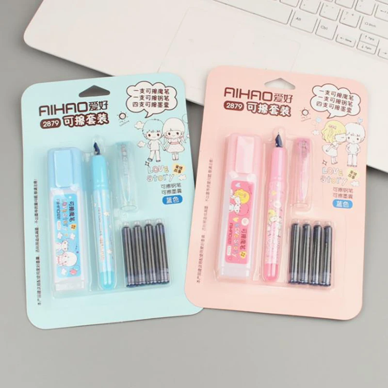 

1 Set Kawaii 1 Erasable Pen with 1 Fountain Pen with 4 Blue Ink Sac Set Medium Nib Office Stationery Student School Supplies