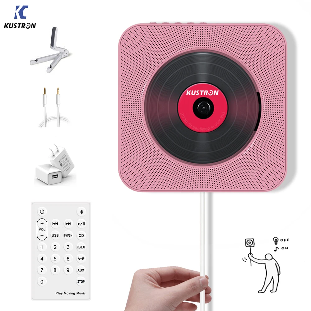 KUSTRON Wall Mounted Bluetooth cd player Pull Switch with Remote HiFi Speaker USB Drive Player Headphone