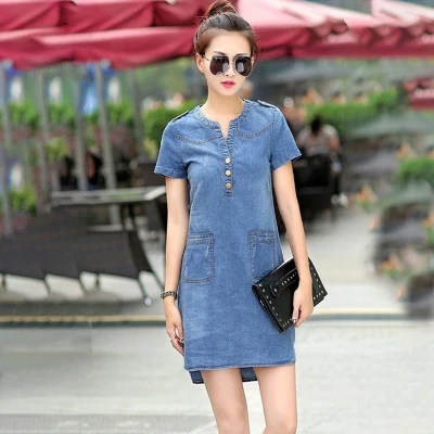 Летние женские джинсовые платья размера плюс 5XL с v-образным вырезом и коротким рукавом, облегающее джинсовое платье с карманами, женская одежда - Цвет: Light blue