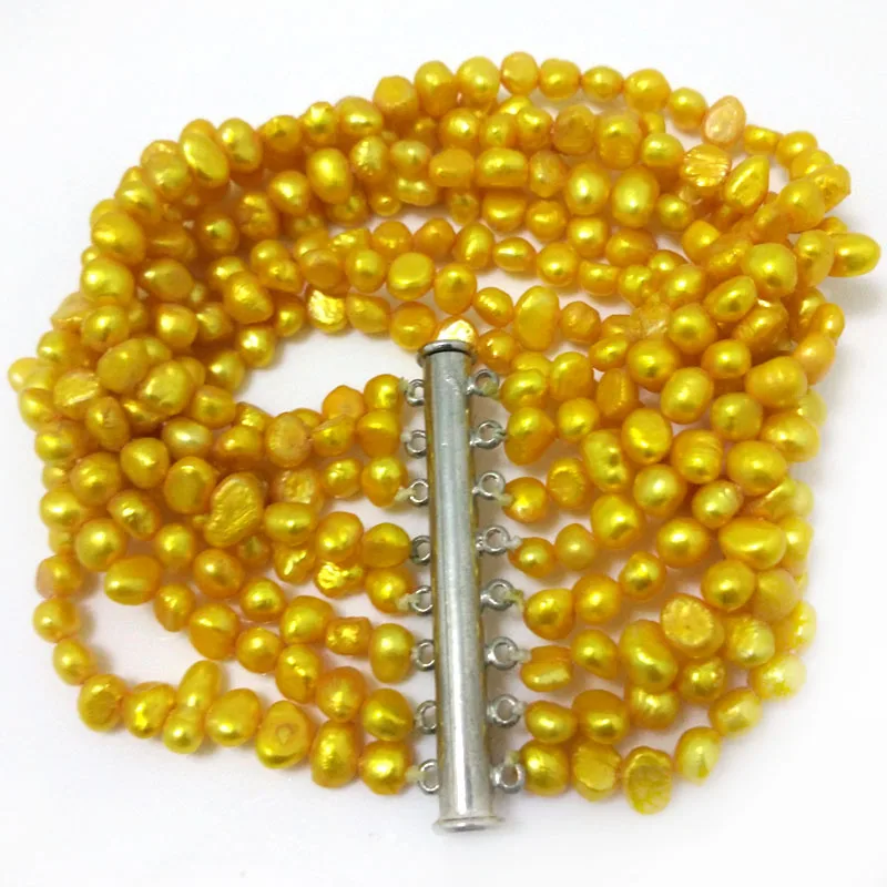 

7.5 inches 8 Rows 6-7mm Yellow Natural Freshwater Nugget Baroque Pearl Bracelet