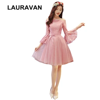 

romantic vintage blush pink o neck knee length lace elegant bridesmaid princess dress girl sleeved modest formal ball dress