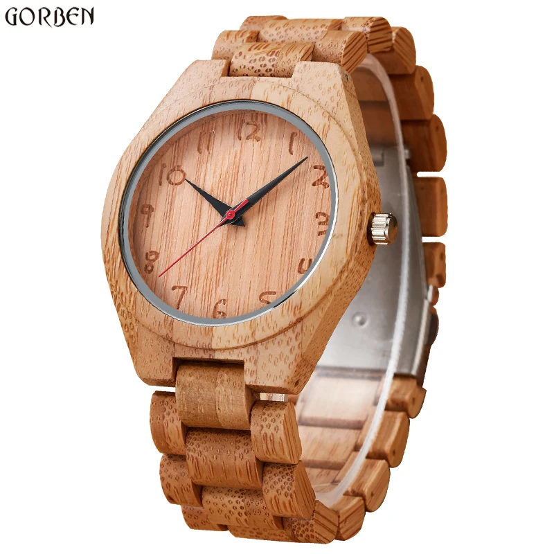 

Gorben Fashion Brand Wood Watch Men Analog Natural Quartz Movement Scale Number Dial Male Wrist Watches Clock Relogio Masculino