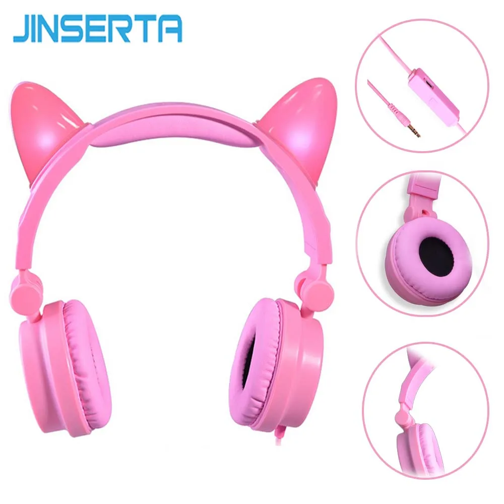 JINSERTA Portable Kids Headphones Glowing Cat Headphone Children Over Ear Headset with Adjustable headband USB Charging Cable
