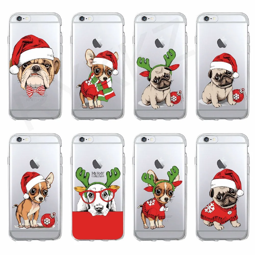 

Cute Cartoon Pug Dog Christmas Case for iPhone X XS max Xr Transparent Soft Silicon Capa Fundas for iPhone 8 7 6 6S Hoesje Girls