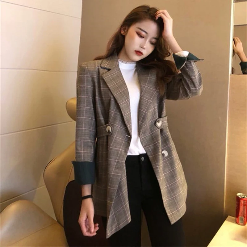 Vintage Plaid Women Blazer Autumn Female Work Jacket Double Breasted ...