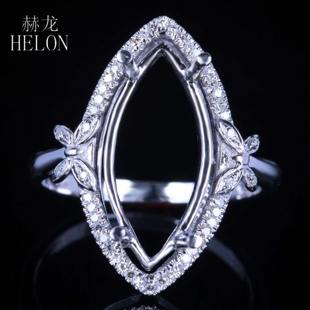 

HELON Solid 14k (585) White Gold 17X8mm Marquise Cut Semi Mount Pave Natural Diamonds Halo Wedding Fine Jewelry Ring Setting