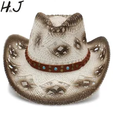 Женская и Мужская Западная ковбойская шляпа с панк-лентой ручной работы, Плетеная кожа, Пляжная, солнцезащитная, Женская ковбойская шляпа, размер 58 см, A0128