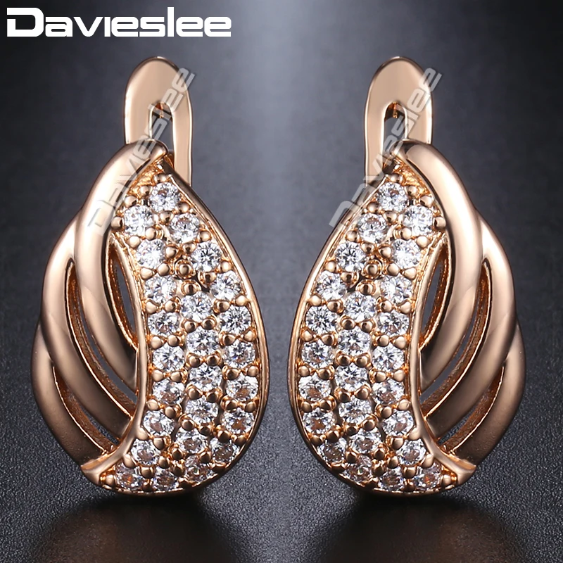 

Davieslee 585 Rose Gold Filled Stud Earrings For Women Leaf Shaped Paved Clear CZ Earrings Womens Fashion Jewelry DGE170