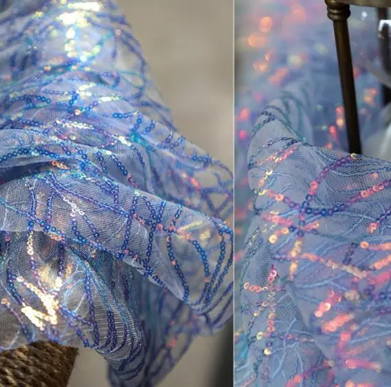 

Blue Sequins irregular sprinkling gold bronzing mesh beads textiles fabric dress diy laser wedding gauze party tweed fabric A428