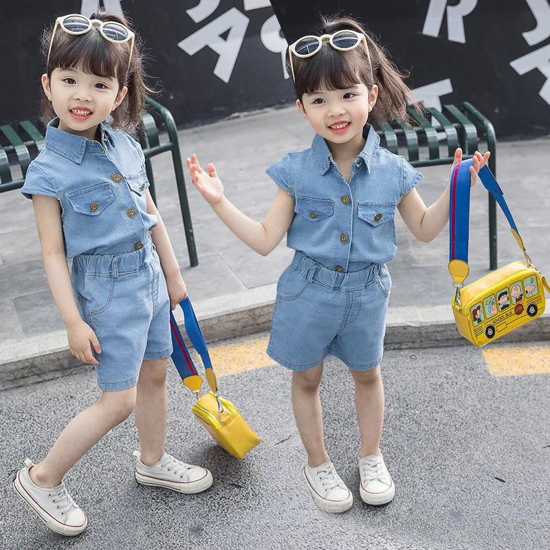 

Fashion Summer Kids 2pc Outfits Children Clothing Sets Cotton Rainbow Jeans Vest Shirt+Shorts Little Girls Casual Suit For 2-7Y