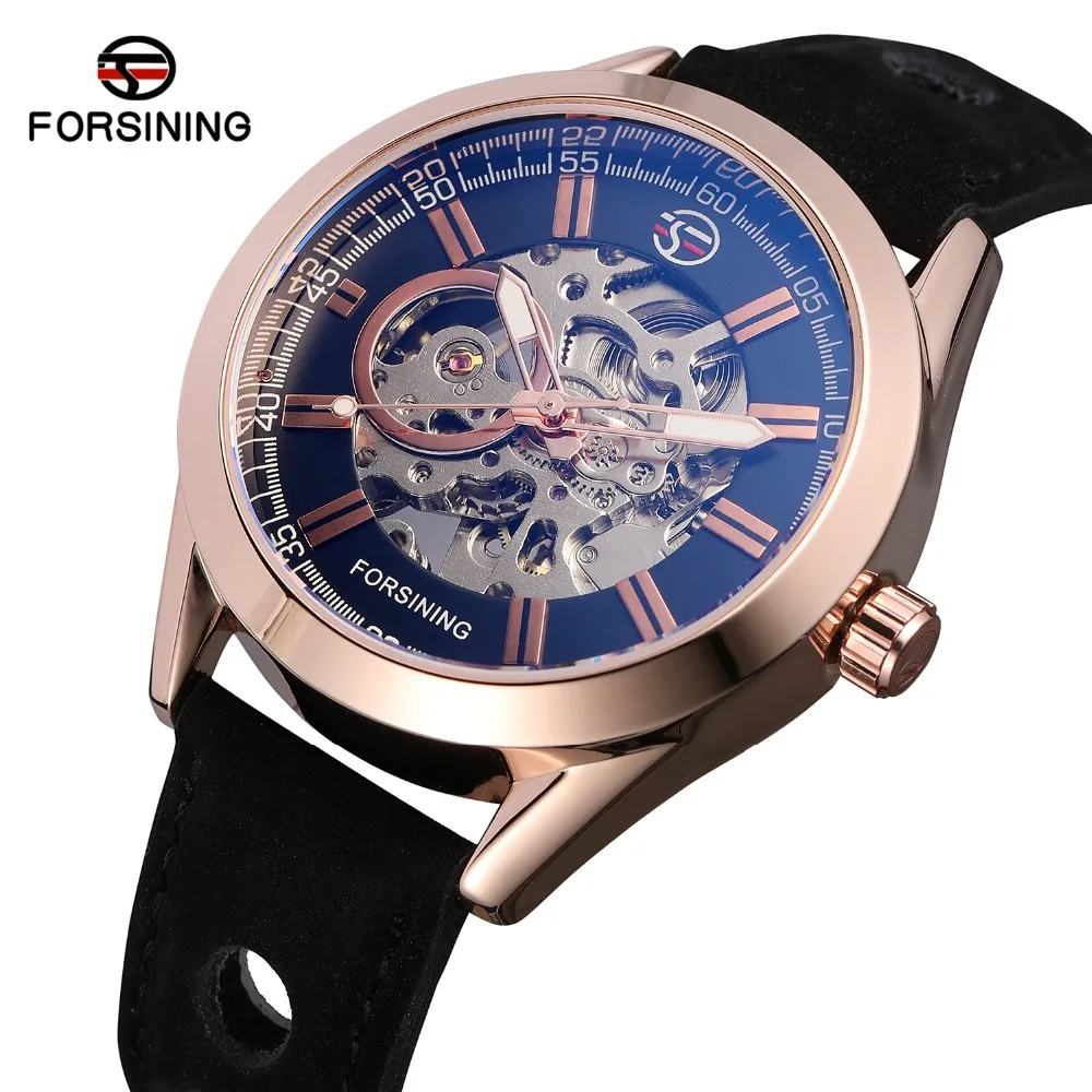 

FORSINING Men's Fashion Unique Automatic Self-wind Skeleton Mechanical Genuine Leather Watches with Color Intrigue Lens FSG8134