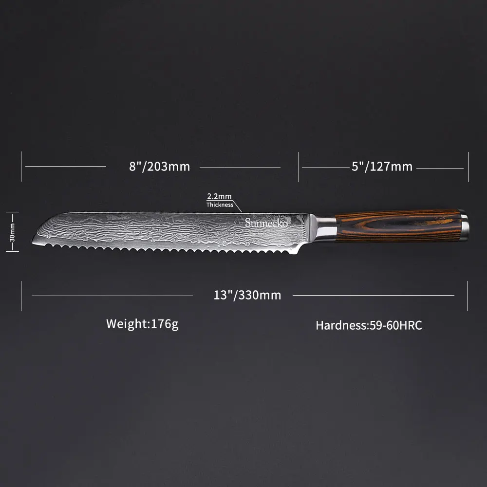 Нож для нарезки хлеба SUNNECKO VG10 японские кухонные ножи из дамасской стали 8 дюймов с