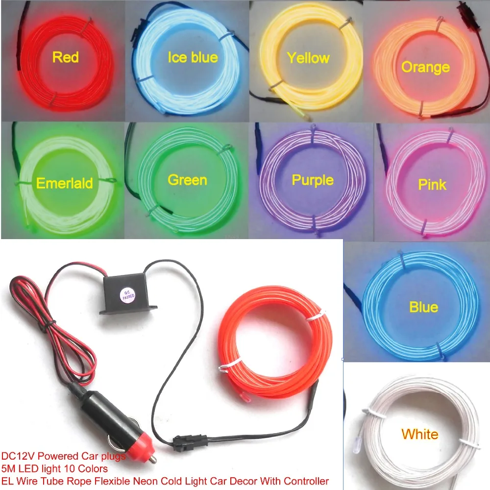 

DC12V Powered Car plugs 5M LED light 10 Colors Glow EL Wire Tube Rope Flexible Neon Cold Light Car Decor